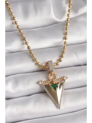 Altın Topçuk Zincir Zirkon Taşlı 3D Üçgen Model Çelik Kolye