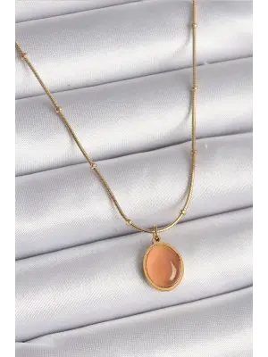  Altın  Turuncu Kedi Gözü Sedefli Oval Model  Çelik Kolye