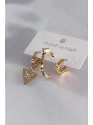 316L Çelik Gold Renk Üçgen Model Zirkon Taşlı Kadın Küpe Kombini