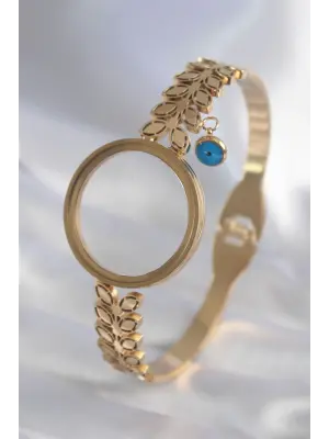 316L Çelik Gold Renk Yaprak İşleme Açılabilir Fanus Model Nazar Boncuk Detay Kadın Kelepçe