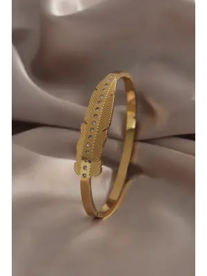 316L Çelik Gold Renk Yaprak Model Zirkon Taşlı Kadın Kelepçe