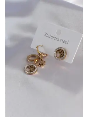 316L Çelik Gold Renk Yaşam Ağacı Figür Zirkon Taş Detay Kadın Küpe Kombini