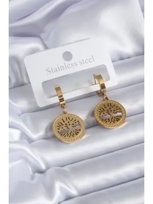   Altın Yaşam Ağacı Model Çelik Küpe