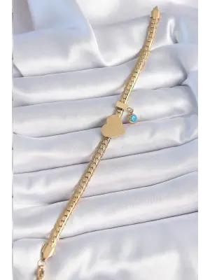 316L Çelik Gold Renk Yassı Zincir Model Kalp Figür Nazar Boncuk Detay Kadın Bileklik