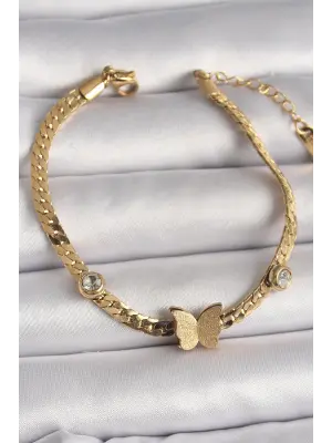 316L Çelik Gold Renk Yassı Zincir Zirkon Taşlı Simli Kelebek Figür Kadın Bileklik