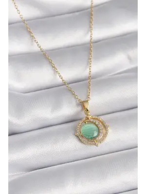  Altın  Yeşil Sedefli Zirkon Taşlı Hilal Model  Çelik Kolye