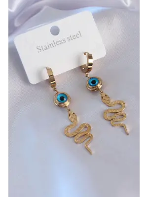   Altın Yılan Figür Nazar Boncuk Detay Çelik Küpe