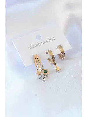 316L Çelik Gold Renk Yıldız Model Zirkon Taşlı Kadın Küpe