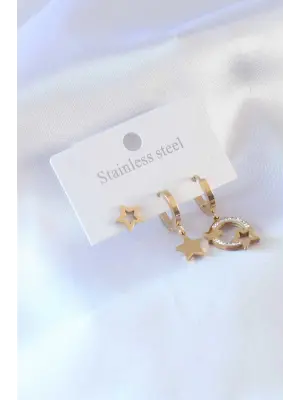 316L Çelik Gold Renk Yıldız Model Zirkon Taşlı Kadın Küpe