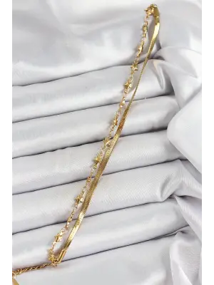 316L Çelik Gold Renk Yıldız Zincir ve İtalyan Zincirli 2li Kadın Bileklik