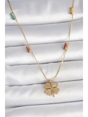 316L Çelik Gold Renk Yonca Figür Zirkon Taş Detaylı Kadın Kolye