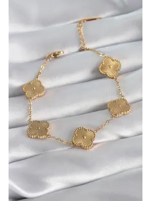 316L Çelik Gold Renk Yonca Model İşleme Detay Kadın Bileklik