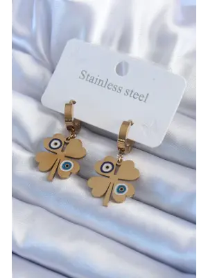   Altın Yonca Model Nazar Boncuk Detay Çelik Küpe