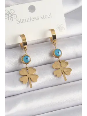   Altın Yonca Model Nazar Boncuk Detay Çelik Küpe