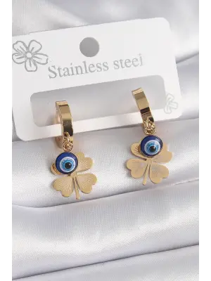   Altın Yonca Model Nazar Boncuk Detay Çelik Küpe