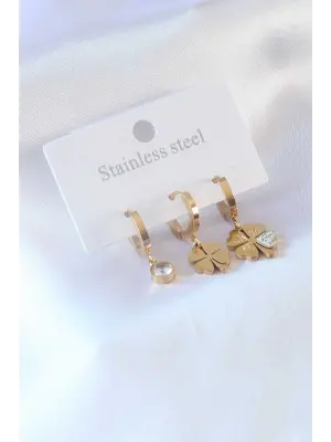 316L Çelik Gold Renk Yonca Model Zirkon Taşlı Kadın Küpe