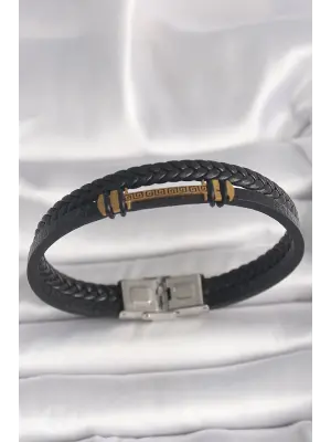 316L Çelik Gold Renk ZikZak İşlemeli Aksesuarlı Çift Sıra Burgu Desenli Deri Kordon Erkek Bileklik