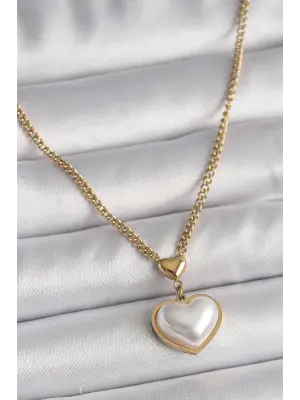  Altın  Zincir 3D İnci Kalp Model  Çelik Kolye