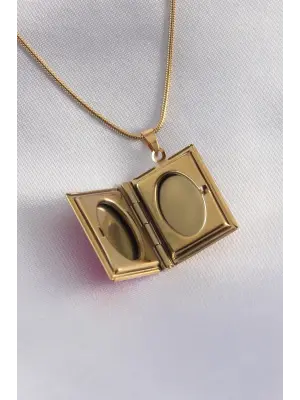 316L Çelik Gold Renk Zincir Açılır Pembe Kapaklı Fotoğraf Koyulabilen Kadın Kolye