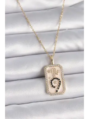  Altın  Zincir Akrep Burcu Zirkon Taşlı  Çelik Kolye