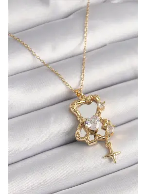  Altın  Zincir Ayna Ayıcık Model Zirkon Taşlı Kalp Model  Çelik Kolye