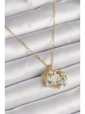  Altın  Zincir Ayna Kalp Model Zirkon Taşlı Kalp Model  Çelik Kolye