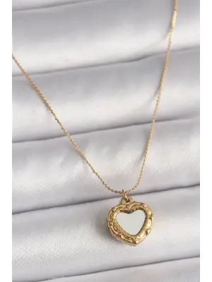  Altın  Zincir Aynalı Kalp Model  Çelik Kolye