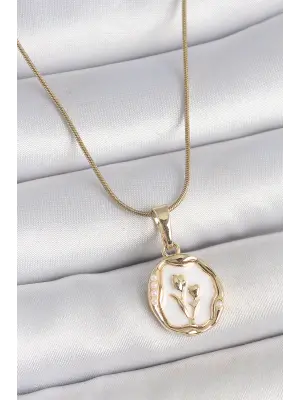 316L Çelik Gold Renk Zincir Beyaz Minel Çiçek İşlemeli Portre Model Kadın Kolye