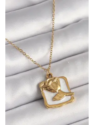 Sarı Renk Zincir Beyaz Mineli Gül Portre Çelik Kolyesi