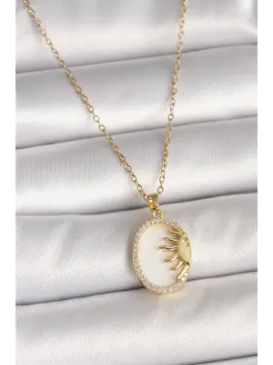 316L Çelik Gold Renk Zincir Beyaz Mineli Gün Batımı Model Zirkon Taş Detay Kadın Kolye