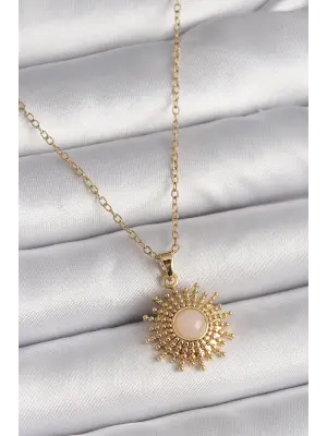  Altın  Zincir Beyaz Mineli Güneş Model  Çelik Kolye