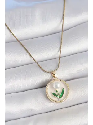 316L Çelik Gold Renk Zincir Beyaz Mineli İncili Çiçek İşlemeli Portre Model Kadın Kolye