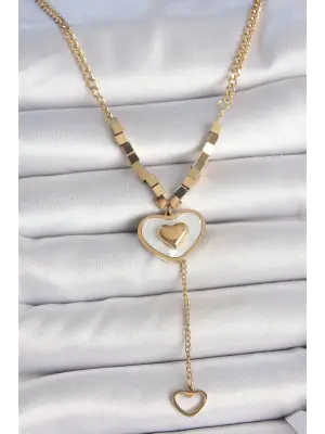 316L Çelik Gold Renk Zincir Beyaz Mineli Kalp Figür Sallantı Detay Kadın Kolye