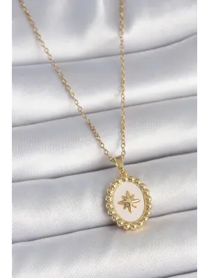 316L Çelik Gold Renk Zincir Beyaz Mineli Kutup Yıldız İşlemeli Madalyon Model Kadın Kolye