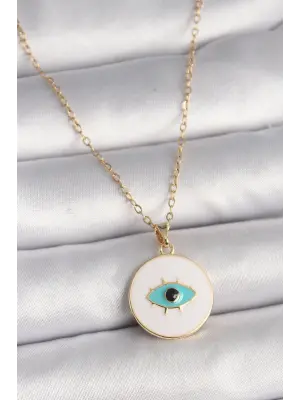  Altın  Zincir Beyaz Mineli Turkuaz Göz İşleme Model  Çelik Kolye