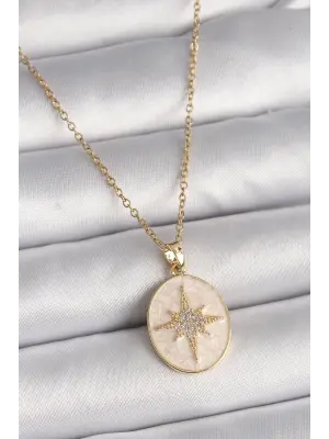  Altın  Zincir Beyaz Mineli Zirkon Taşlı Kutup Yıldız İşlemeli  Çelik Kolye