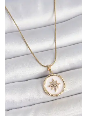 316L Çelik Gold Renk Zincir Beyaz Mineli Zirkon Taşlı Kuzey Yıldız İşlemeli Madalyon Model Kadın Kolye