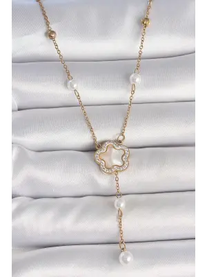 316L Çelik Gold Renk Zincir Beyaz Mineli Zirkon Taşlı Yonca Figür Topçuk Detay Kadın Kolye