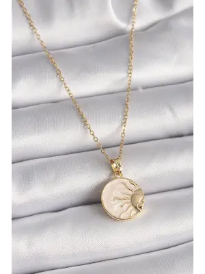  Altın  Zincir Beyaz Sedefli Gün Batımı Madalyon Model  Çelik Kolye