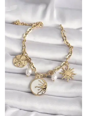 316L Çelik Gold Renk Zincir Beyaz Sedefli Güneş Model İnci Detay Kadın Bileklik