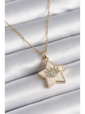  Altın  Zincir Beyaz Sedefli Yıldız Model Göz İşleme Zirkon Taş Detay  Çelik Kolye