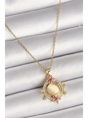  Altın  Zincir Beyaz Sedefli Zirkon Taşlı Yıldız Detay  Çelik Kolye