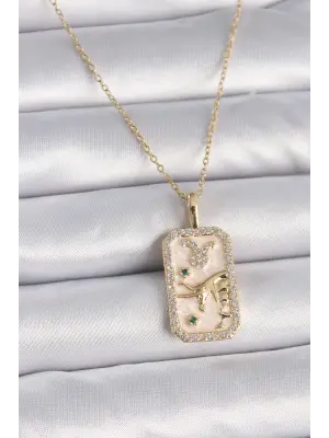  Altın  Zincir Boğa Burcu Zirkon Taşlı  Çelik Kolye