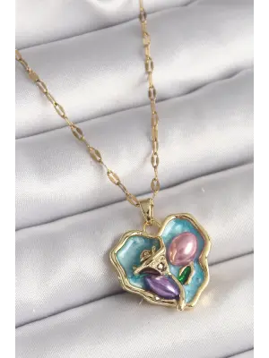 Steel Altın Zincir Çiçek İşlemeli Zirkon Taş Detaylı Mavi Kalp Portre Model Çelik Kolye