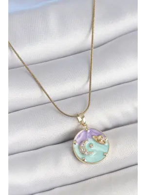 316L Çelik Gold Renk Zincir Çifr Renk Zirkon Taşlı Hilal İşlemeli Yıldız Detay Madalyon Model Kadın Kolye