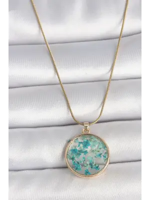 316L Çelik Gold Renk Zincir Daire Epoksi Mavi Çiçek Yaprak Model Kadın Kolye