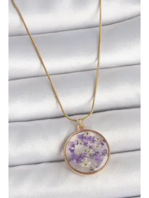 316L Çelik Gold Renk Zincir Daire Eposki Mor Çiçek Model Kadın Kolye