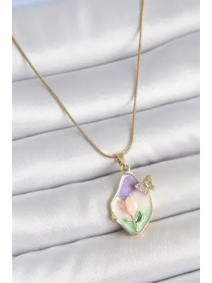 316L Çelik Gold Renk Zincir Damla Mix Renk Mineli Çiçek İşlemeli Kelebek Detay Portre Model Kadın Kolye