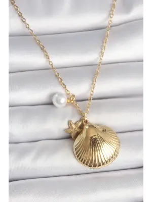 316L Çelik Gold Renk Zincir Deniz Kabuğu Figür İnci Detay Kadın Kolye