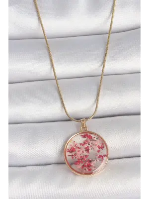 316L Çelik Gold Renk Zincir Epoksi Doğal Çiçek Model Kadın Kolye